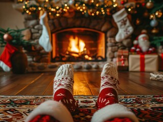 Cozy Christmas scene with feet in warm socks by the fireplace, decorated tree and stockings, festive holiday atmosphere.