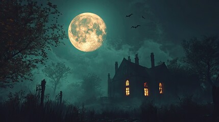 Full moon illuminating a spooky landscape with bats silhouetted against the sky and a haunted house with eerie glowing windows.