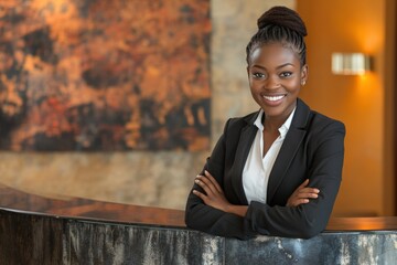 Friendly African Hotel Receptionist Welcoming Guests with a Warm Smile