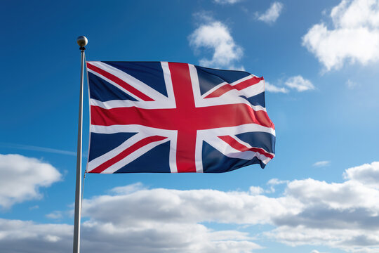The iconic union jack flag proudly waves under a clear blue sky, symbolizing british identity and national pride.