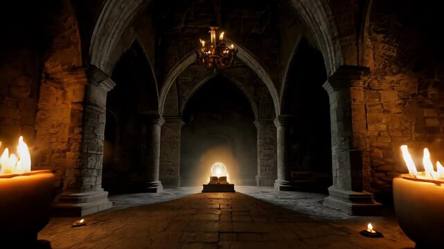 Passage through ancient castle with burning candles leads to stone altar with magical book and glowing orb. Concept of mystical rituals, ancient magic, arcane secrets. Haunted castle.