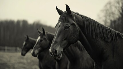 Obraz premium Horses standing in a line, their sleek bodies and attentive gazes creating a harmonious scene.