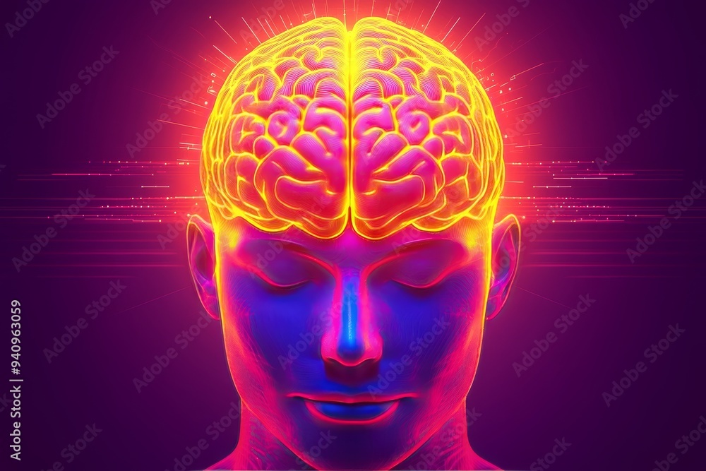 Aufkleber vibrant digital rendering of a glowing human brain in neon colors representing the fusion of technol