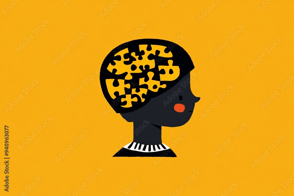 Poster minimalistic illustration of a head with puzzle pieces representing the enigmatic nature of the huma