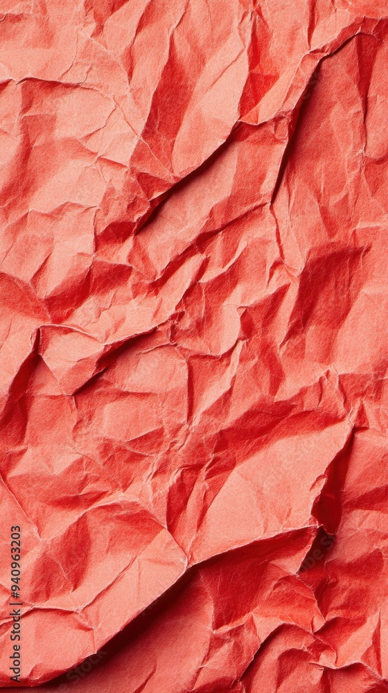 Poster close-up view of crumpled red paper showcases unique texture with deep creases and soft folds creati
