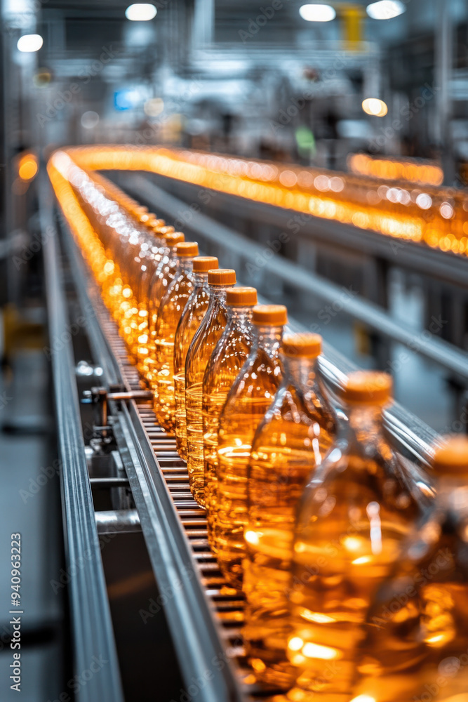 Poster glass bottling, an automated assembly line efficiently processes glass bottles, showcasing a seamles