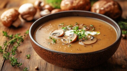 A hearty bowl of mushroom soup garnished with fresh herbs and cream, set on a rustic wooden table with mushrooms in the background