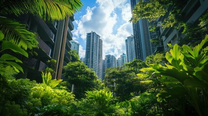 Lush plants growing in a city garden, creating a green oasis amid high-rise buildings and concrete.