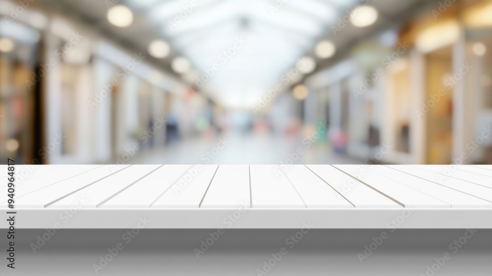 Poster a clean empty white shelf awaits new items, with a softly blurred modern setting creating an invitin