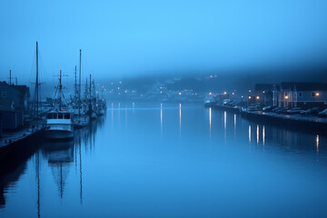 Boats Docked in a Foggy Harbor.