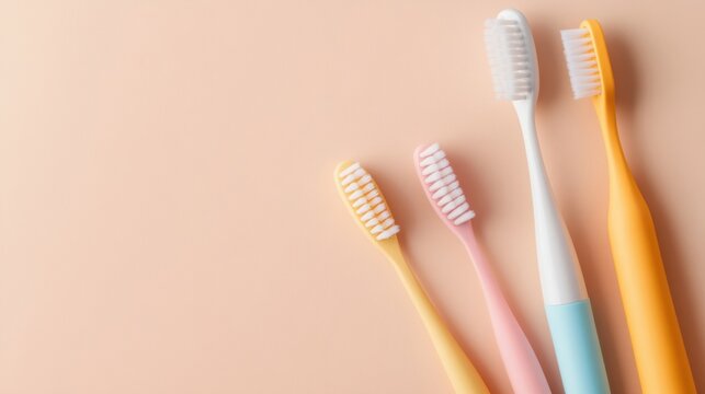 Colorful toothbrushes arranged neatly on a soft beige backdrop, highlighting dental hygiene essentials for everyday use