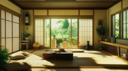 Minimalist living room in a traditional Japanese home, with natural materials and simple, elegant design elements.