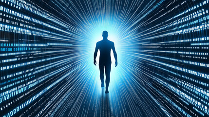 Silhouette of a person walking through a glowing digital tunnel.