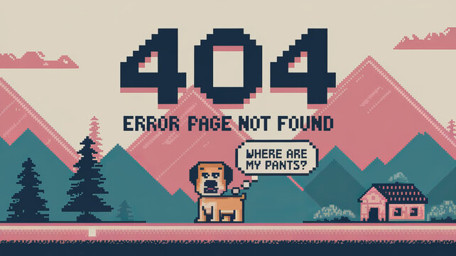 Pixel art 404 error page with dog in mountain landscape.