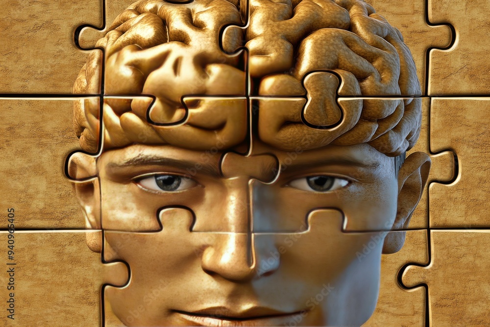 Poster golden puzzle portrait of a man with a brain made of interlocking pieces symbolizing the intricate p