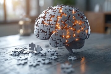 Realistic 3D rendering of a brain disintegrating into tiny pieces on a desk representing the fragility of memory cognitive decline and the complexity of human thought in a detailed modern style