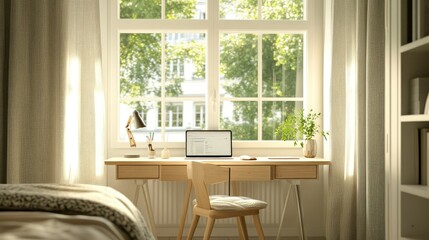 Fototapeta premium Minimalist study table by a bedroom window, offering a serene and functional workspace for a child in a well-lit room.