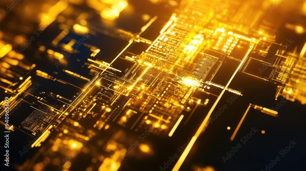 Poster Abstract golden digital background showcasing intricate patterns and glowing lines, representing technology and innovation.