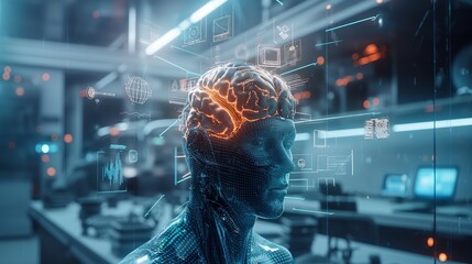 A futuristic representation of a human head with digital brain activity and data visualization.