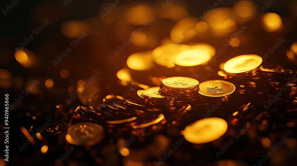 Poster glittering coins illuminated by warm light, creating a rich and luxurious atmosphere, perfect for fi