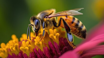 Fototapeta premium Honey Bee Collecting Pollen on a Flower
