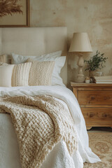 Cozy Bedroom,  A cozy bedroom featuring a white bed adorned with pillows and a blanket, accompanied by a wooden nightstand with a lamp and books