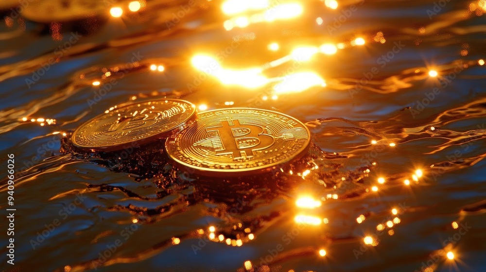 Poster Glistening coins illuminated by warm light, floating on a tranquil water surface, creating a serene and captivating scene.