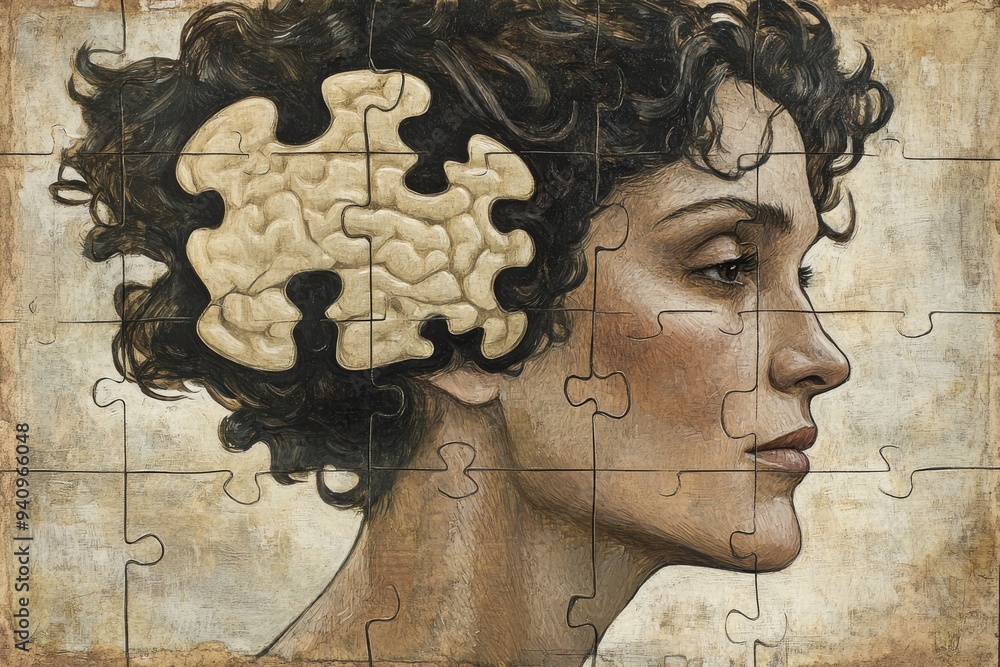 Poster classical profile portrait of a woman with a missing puzzle piece in her head symbolizing the search