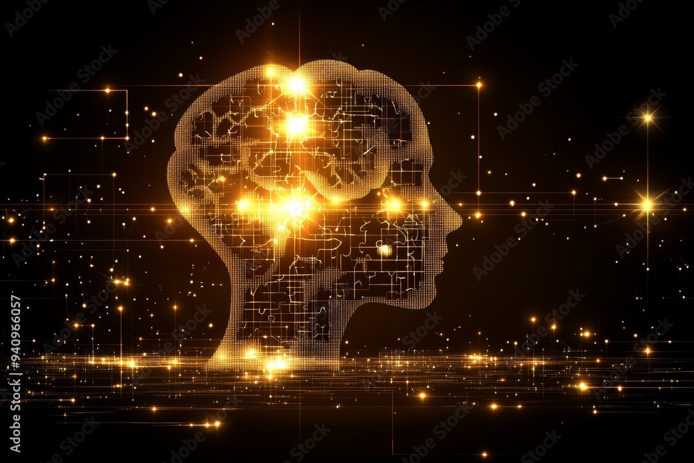 Poster digital art of a glowing golden head silhouette filled with binary codes representing the fusion of 