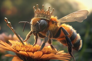 Queen Bee: A bee in royal attire with a crown and scepter, standing on a flower. 