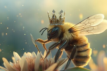 Queen Bee: A bee in royal attire with a crown and scepter, standing on a flower. 