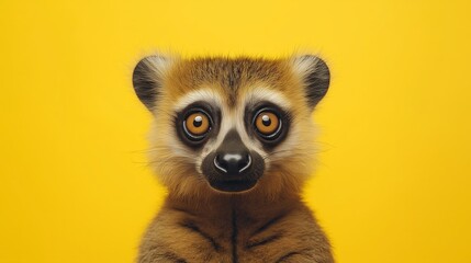 Fototapeta premium Wide-eyed animated lemur with a curious expression on a bright yellow background