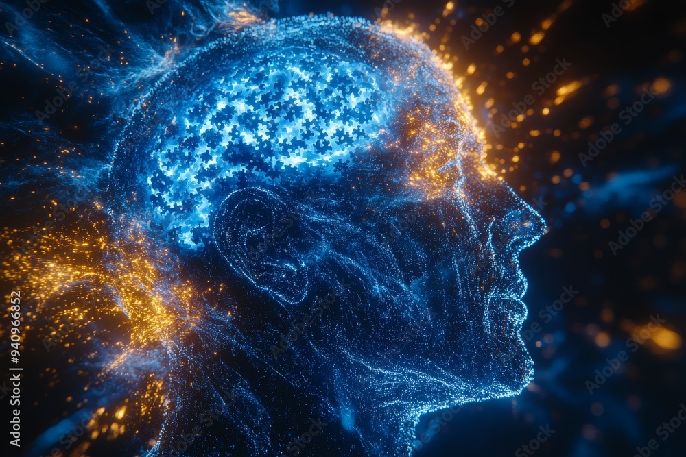 Aufkleber futuristic blue digital portrait of a human head with glowing neural networks symbolizing the intric