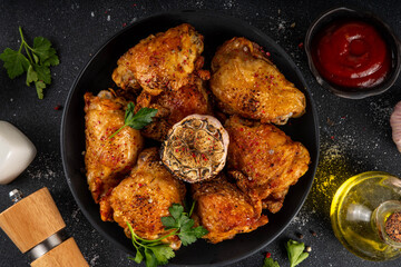 Grilled roasted spicy chicken thigh with ketchup