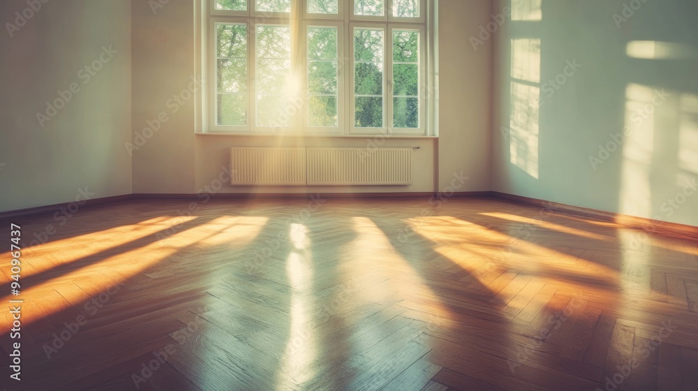 Poster sunlight streams through large windows, illuminating an empty elegant room with wooden floors, creat