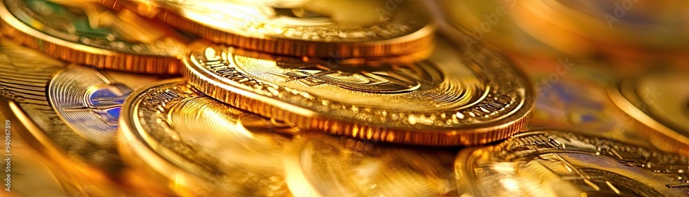 Poster A close-up image featuring gleaming gold coins, showcasing intricate details and a shimmering texture, perfect for financial themes.