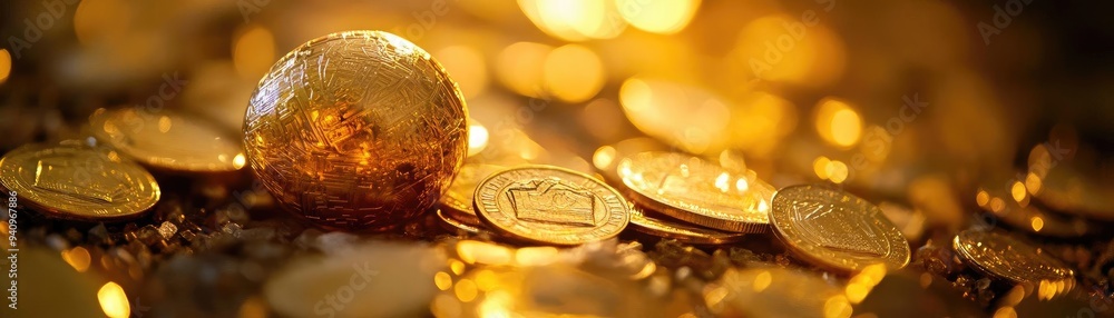 Poster a stunning collection of golden coins and a shining orb reflecting light, symbolizing wealth and pro