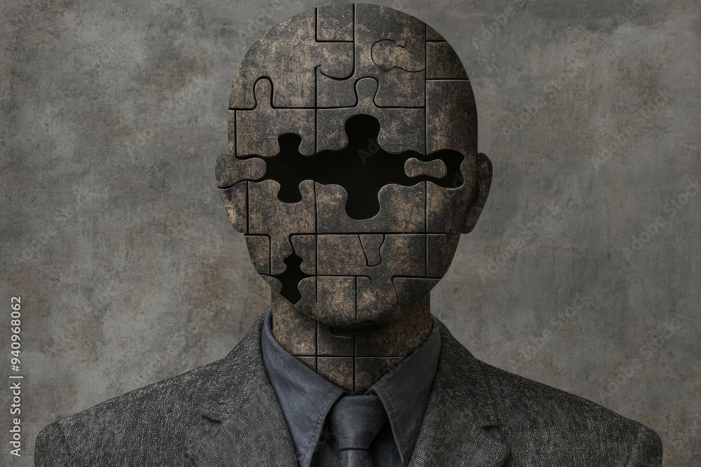 Poster surreal digital portrait of a faceless man in a suit with a missing puzzle piece symbolizing the inc