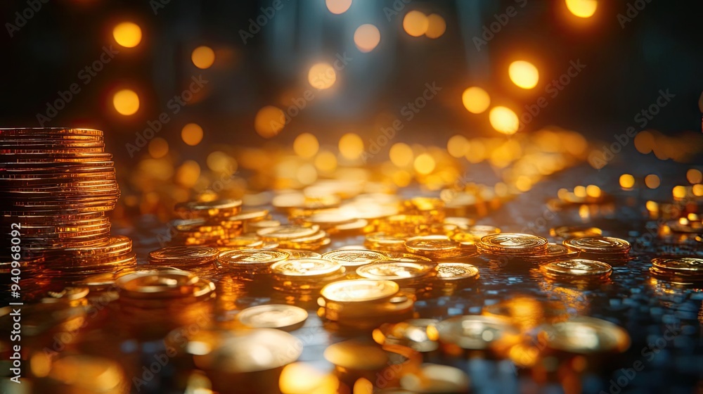 Poster A mesmerizing display of golden coins scattered across a shimmering surface, reflecting warm light and creating an enchanting atmosphere.