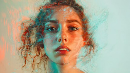 Abstract Portrait Woman Glitch Art Teal Orange