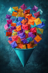 Colorful Envelopes,  A funnel overflowing with vibrant envelopes, representing the flow of emails in digital marketing and communication