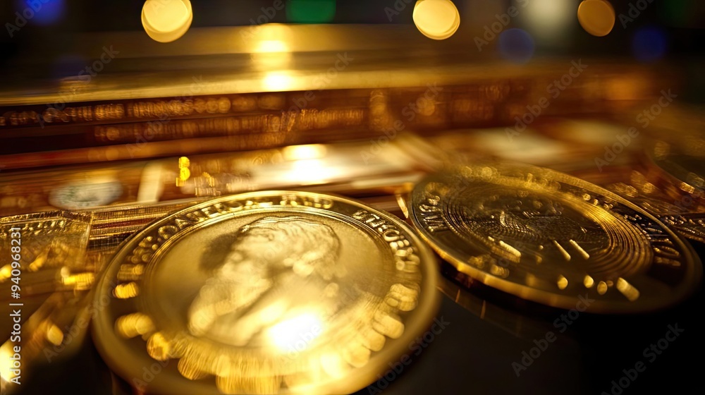 Poster shiny gold coins with intricate designs, background featuring blurred banknotes, creating a sense of