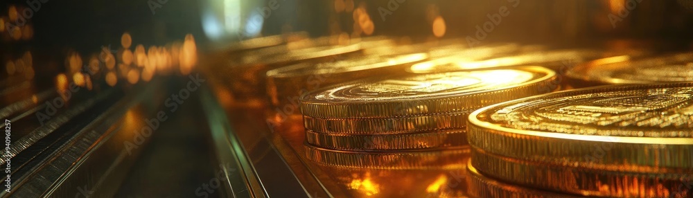 Poster shimmering gold coins lined up in a row, reflecting light and showcasing their intricate designs and