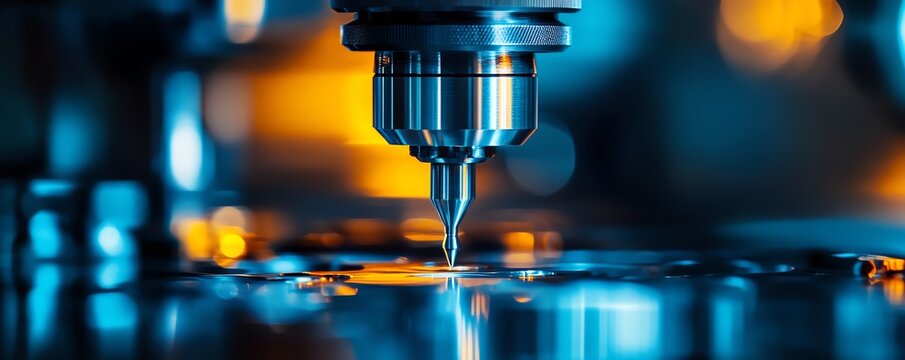 Close-up of a precision machine tool in action, showcasing intricate details and shining metal components, perfect for tech visuals.