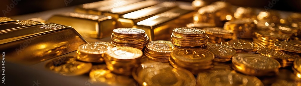 Poster a close-up view of shining gold coins and bars, symbolizing wealth and prosperity in a luxurious set