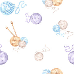 Yarn balls of wool and wooden knitting needles. Seamless pattern for cozy hobby knit. Hand drawn watercolor illustration. Needlecraft accessories. Template for app, needlework store, textile, wrapping