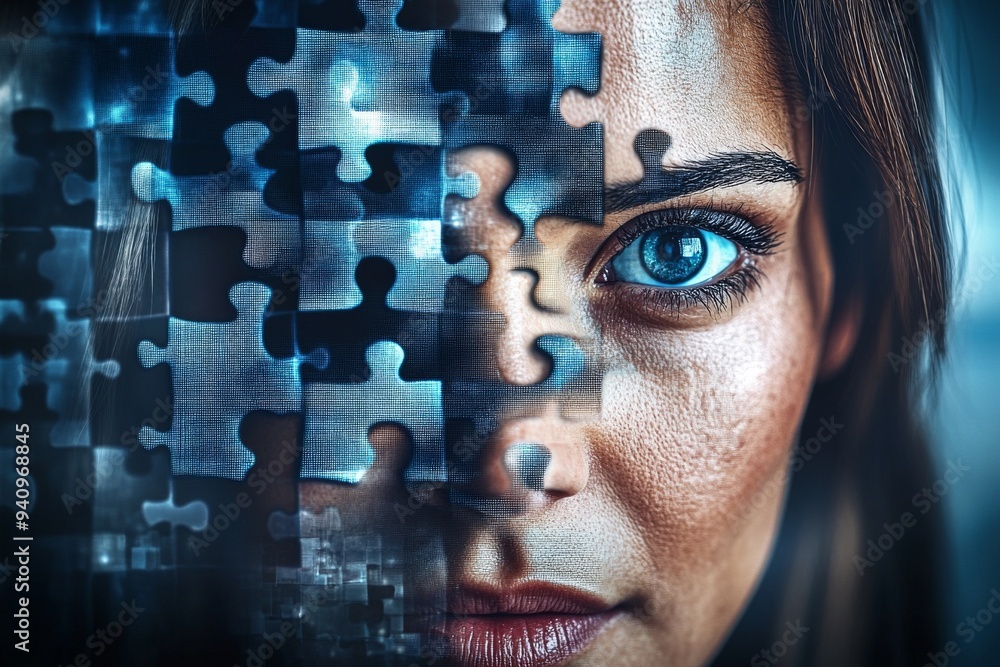 Poster realistic portrait of a woman with her face brain fragmented into puzzle pieces representing the com