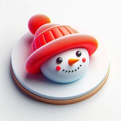 A cute toy snowman with a red hat and scarf, perfect for Christmas and winter decoration, isolated on white