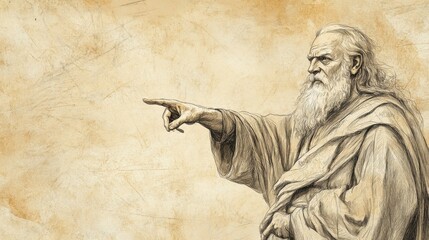 Fototapeta premium The Lord’s Challenge to Job in the Bible - Illustration of God Pointing to the Universe, Questioning Job’s Presence at the Creation of the Earth, Beige Background