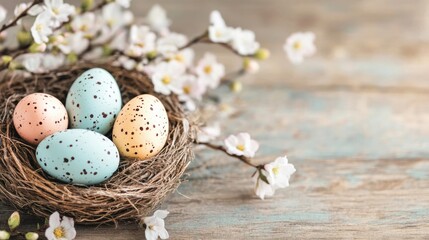 Obraz premium Brightly colored Easter eggs rest in a nest, accompanied by blooming spring flowers and a rustic wooden background